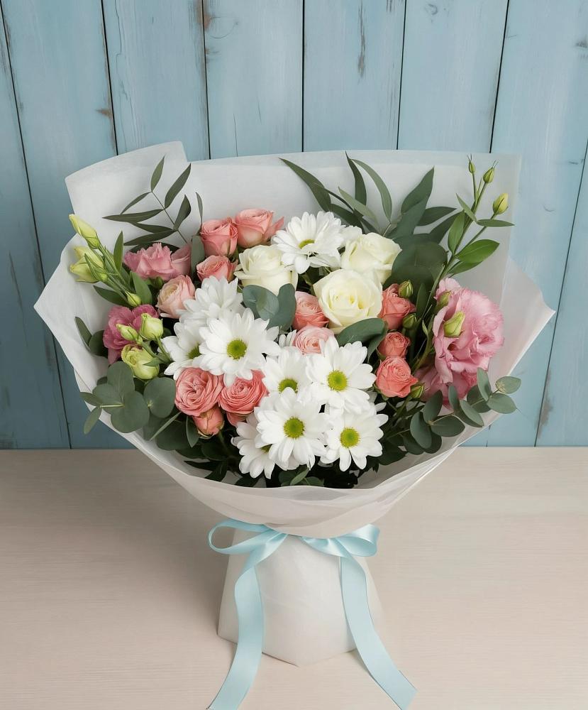 Букет цветов из: Розы, Лизиантусы и Хризантемы в Пушкинские Горы