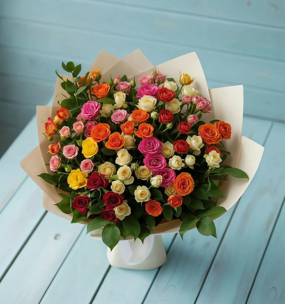 Букет Микс из разноцветных кустовых роз в Пушкинские Горы