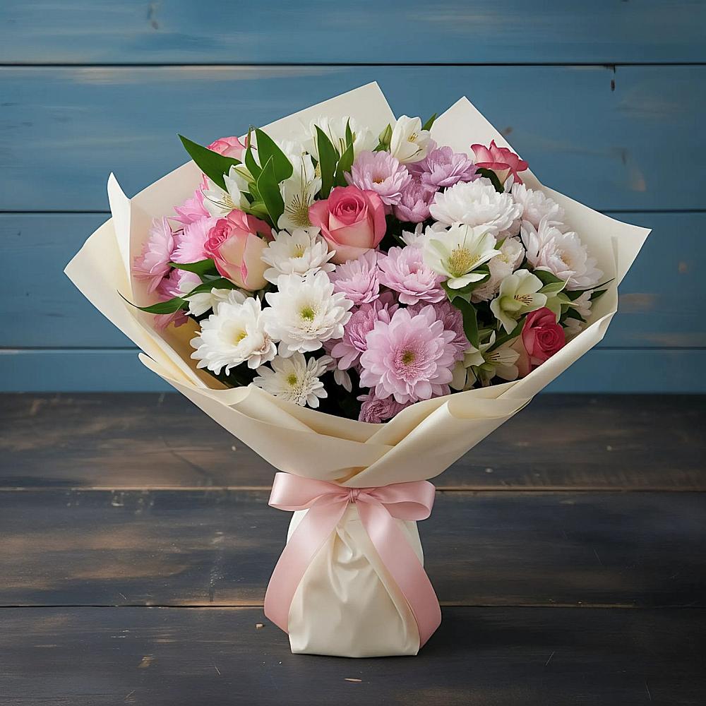 Букет цветов из: Хризантемы, Альстромерии и Розы в Пушкинские Горы